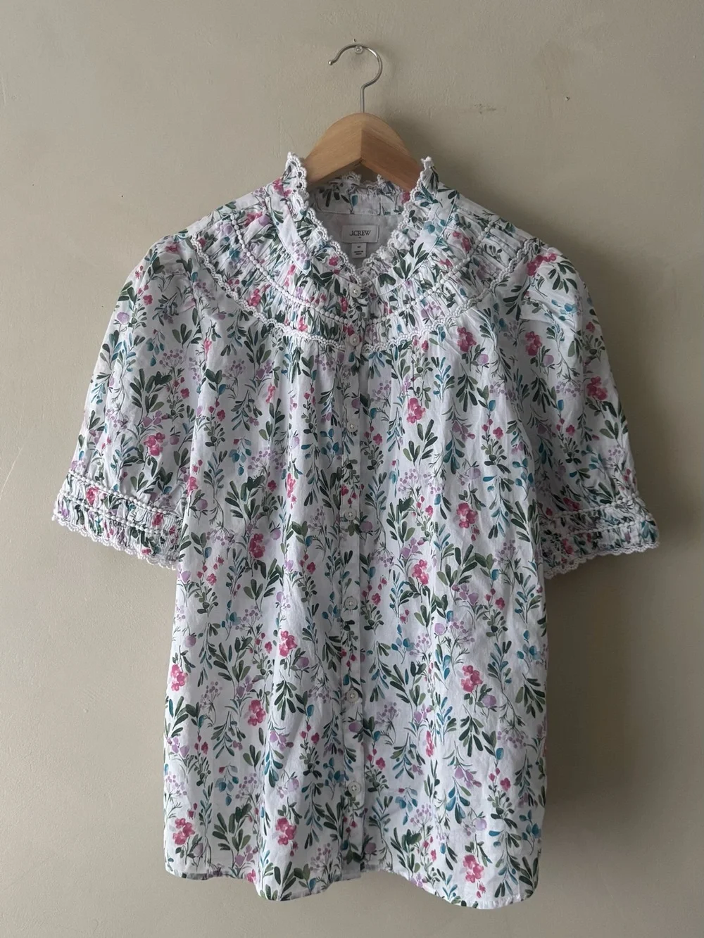 J. Crew White Floral Smocked Yoke Puff Sleeve Blouse